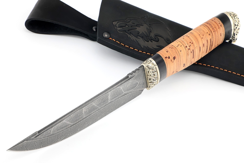 Нож Стрела (дамаск камень долы, мельхиор, береста)