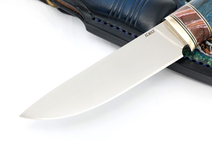 Нож Рысь (сталь ELMAX, карельская берёза синяя, вставка зуб мамонта) формованные ножны