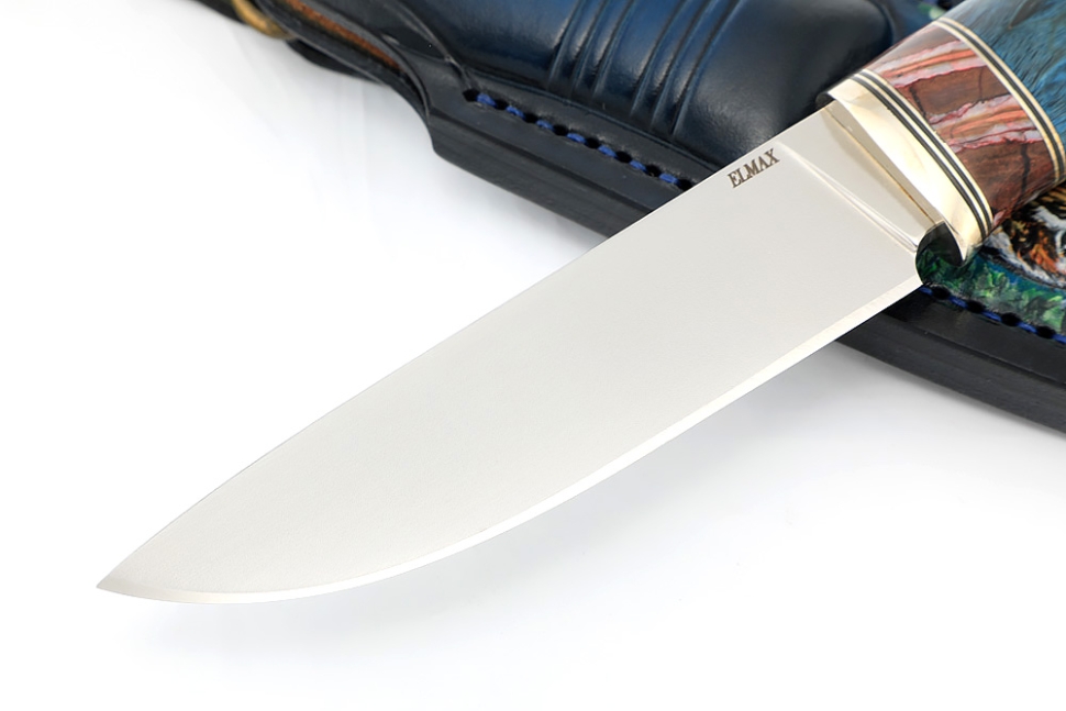 Нож Рысь (сталь ELMAX, карельская берёза синяя, вставка зуб мамонта) формованные ножны