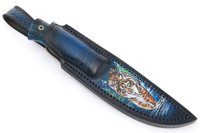 Нож Рысь (сталь ELMAX, карельская берёза синяя, вставка зуб мамонта) формованные ножны
