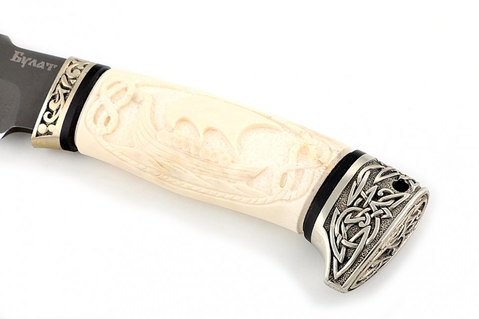 Нож Викинг (булат, рог лося - мельхиор), резьба ручной работы