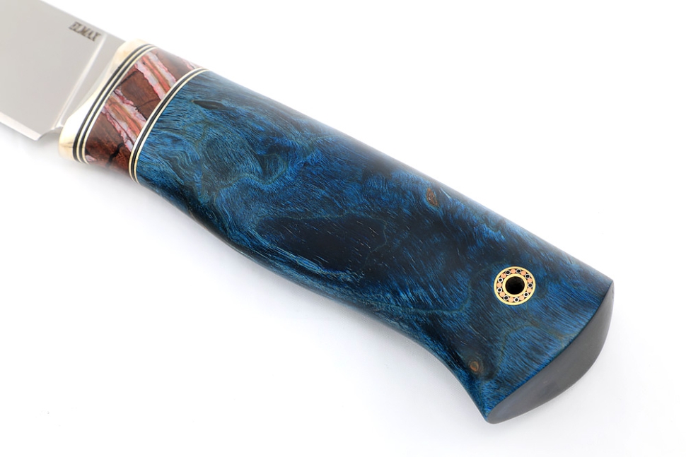 Нож Рысь (порошковая сталь ELMAX, карельская берёза синяя, вставка зуб мамонта)