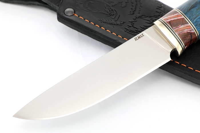 Нож Рысь (порошковая сталь ELMAX, карельская берёза синяя, вставка зуб мамонта)