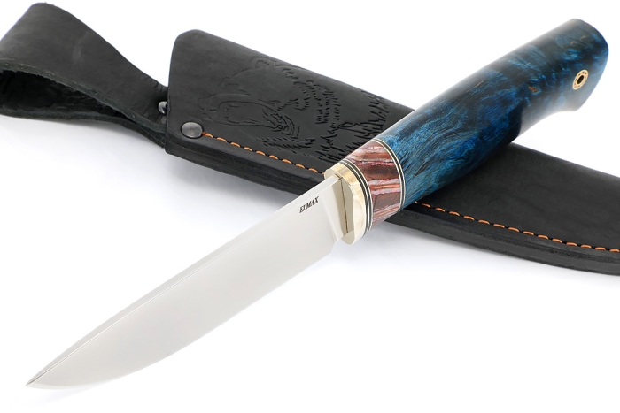 Нож Рысь (порошковая сталь ELMAX, карельская берёза синяя, вставка зуб мамонта)