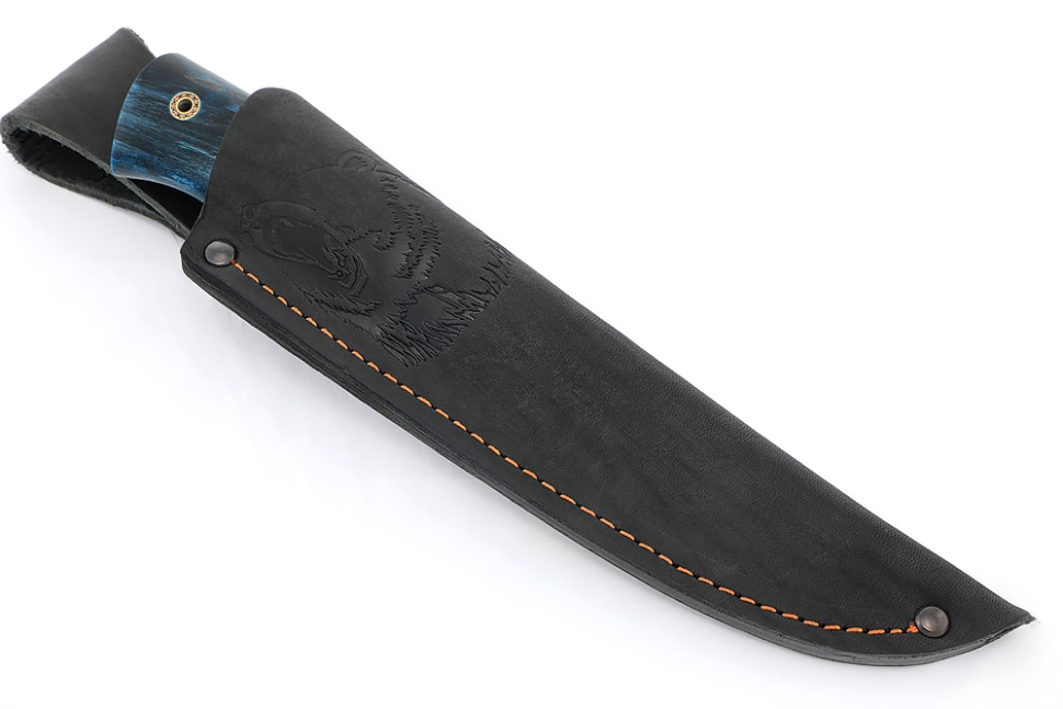 Нож Рысь (порошковая сталь ELMAX, карельская берёза синяя, вставка зуб мамонта)