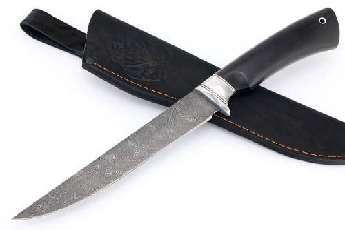 Нож Филейный средний (дамаск, вставка акрил белый, чёрный граб)