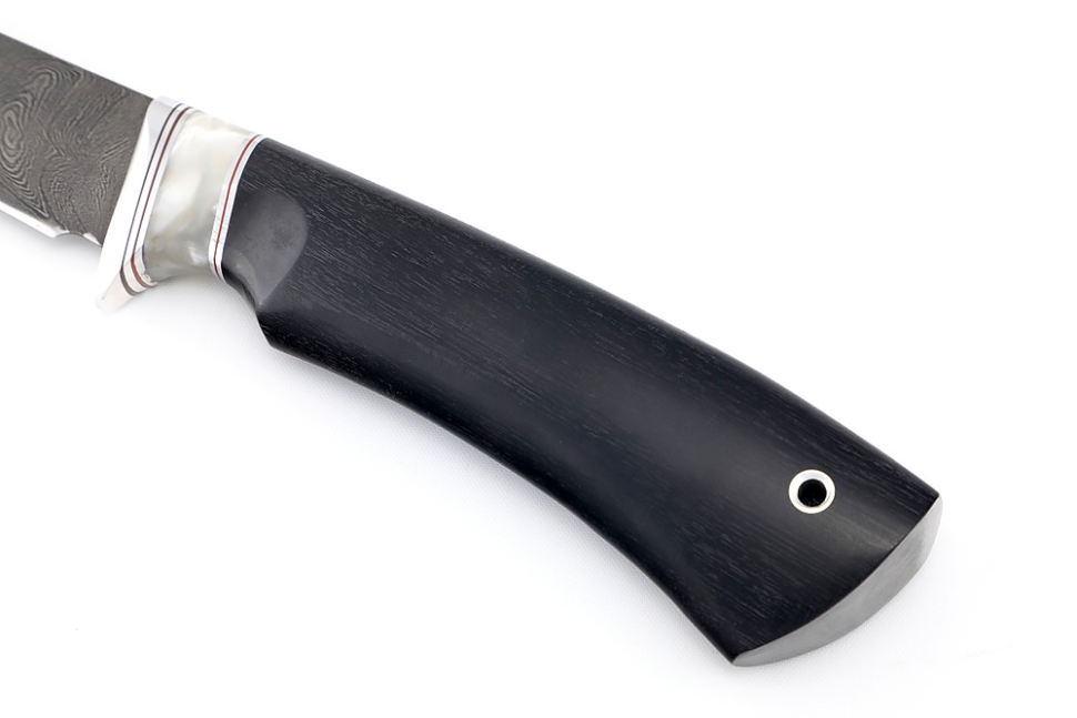 Нож Филейный средний (дамаск, вставка акрил белый, чёрный граб)