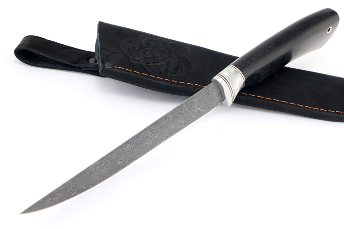 Нож Филейный средний (дамаск, вставка акрил белый, чёрный граб)