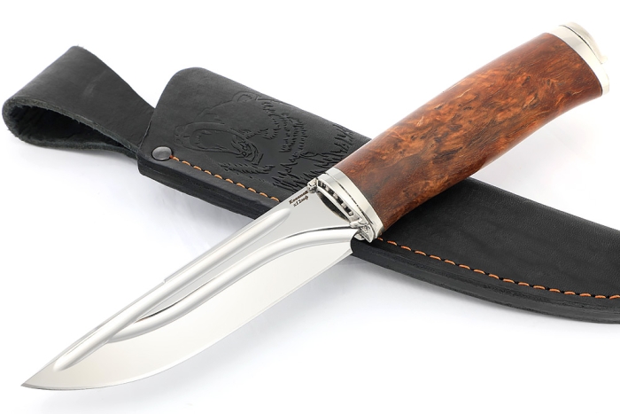 Нож Рысь (х12МФ-долы, мельхиор, карельская берёза коричневая)