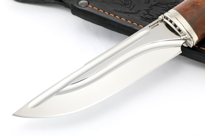 Нож Рысь (х12МФ-долы, мельхиор, карельская берёза коричневая)