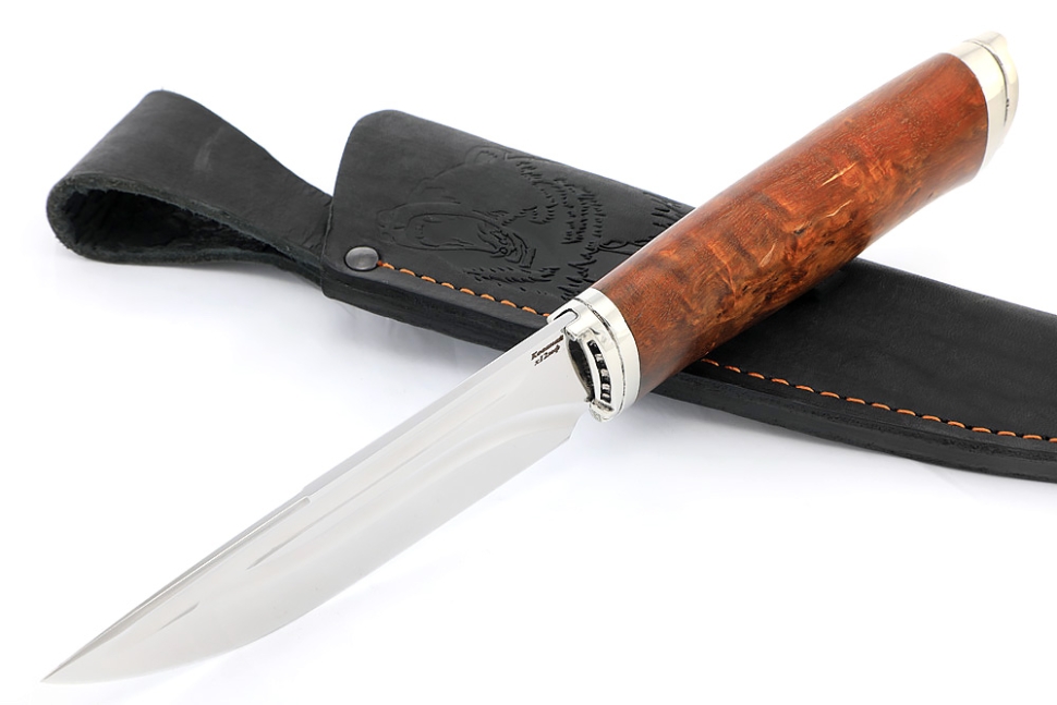 Нож Рысь (х12МФ-долы, мельхиор, карельская берёза коричневая)