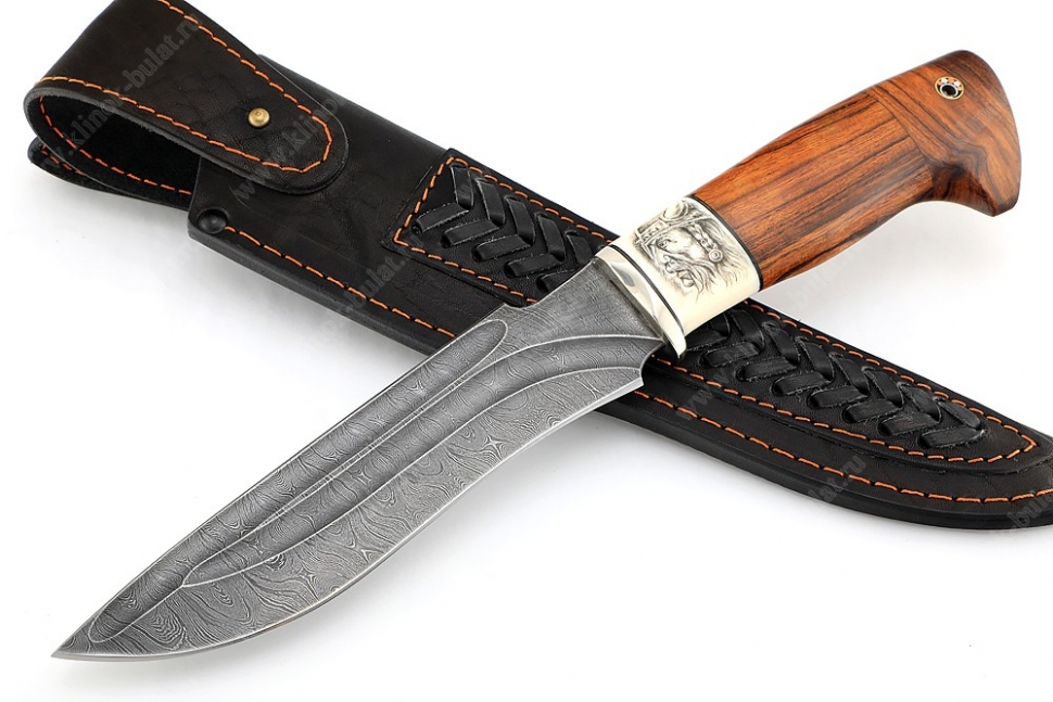 Нож Викинг (дамаск - долы, вставка кость, айронвуд) скримшоу на кости