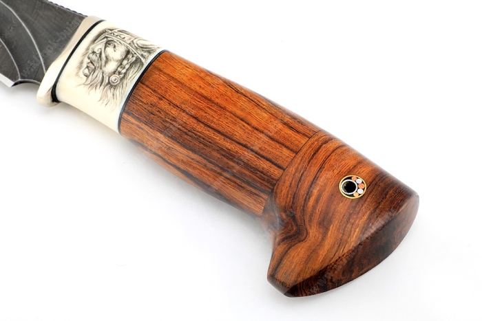 Нож Викинг (дамаск - долы, вставка кость, айронвуд) скримшоу на кости