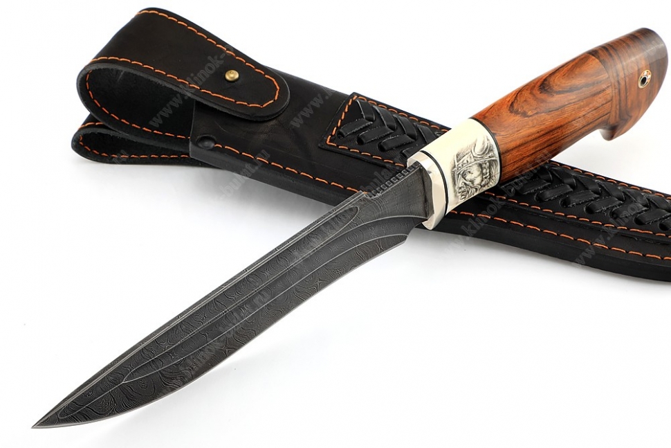 Нож Викинг (дамаск - долы, вставка кость, айронвуд) скримшоу на кости
