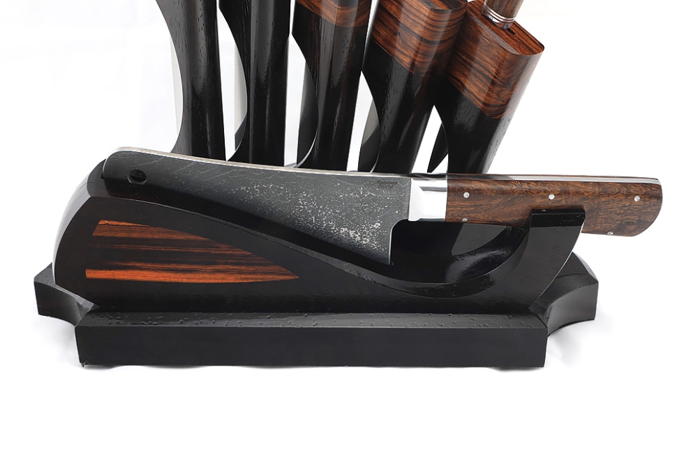 Подставка из черного граба и железного дерева с набором из 5 ножей и тяпки (Elmax, железное дерево)