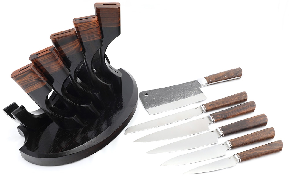 Подставка из черного граба и железного дерева с набором из 5 ножей и тяпки (Elmax, железное дерево)