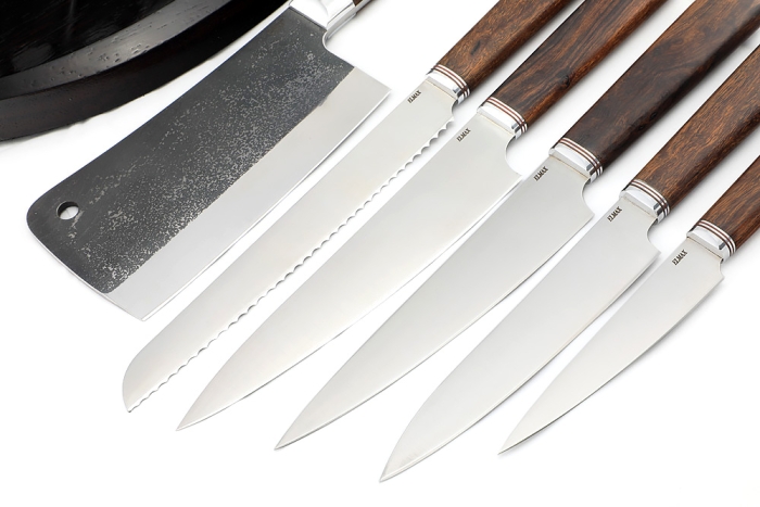 Подставка из черного граба и железного дерева с набором из 5 ножей и тяпки (Elmax, железное дерево)