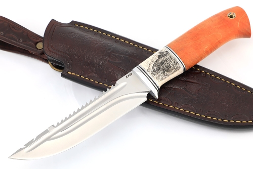 Нож Судак большой (К340 - долы, вставка элфорин - скримшоу, кап клена оранжевый) формованные ножны
