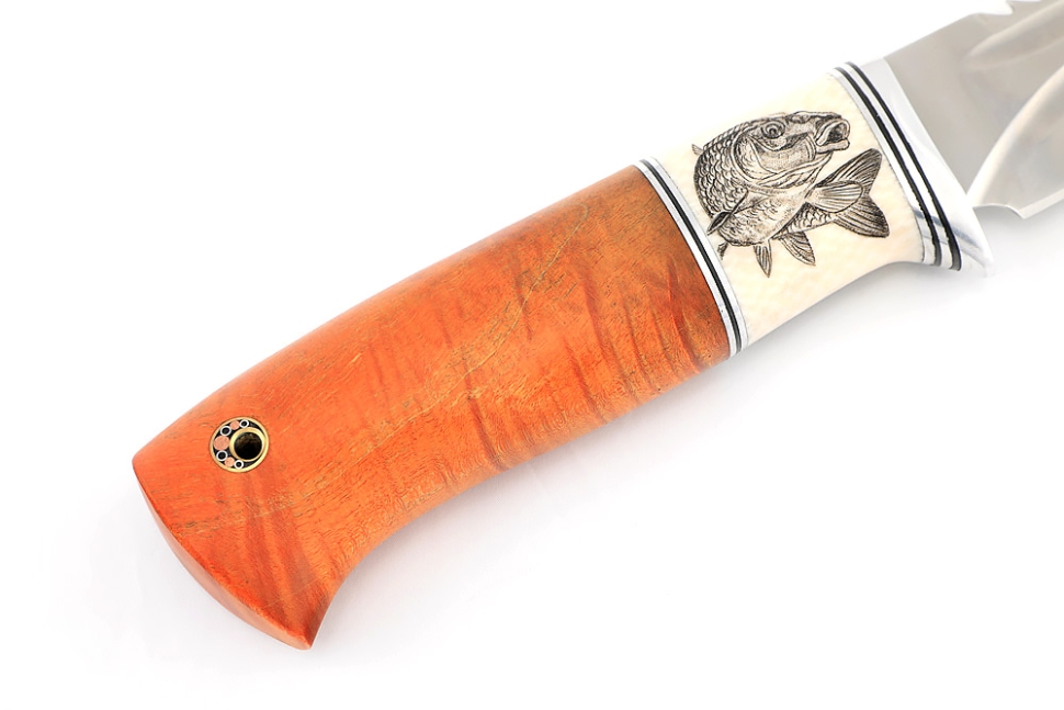 Нож Судак большой (К340 - долы, вставка элфорин - скримшоу, кап клена оранжевый) формованные ножны