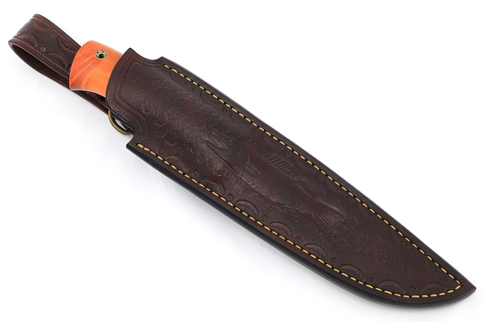 Нож Судак большой (К340 - долы, вставка элфорин - скримшоу, кап клена оранжевый) формованные ножны