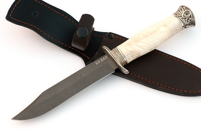 Нож Гладиатор (булат, рог лося - мельхиор), резьба ручной работы