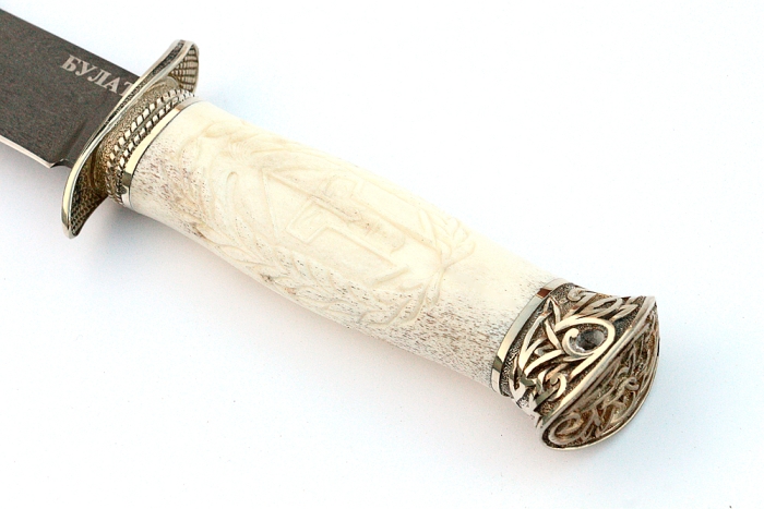 Нож Гладиатор (булат, рог лося - мельхиор), резьба ручной работы