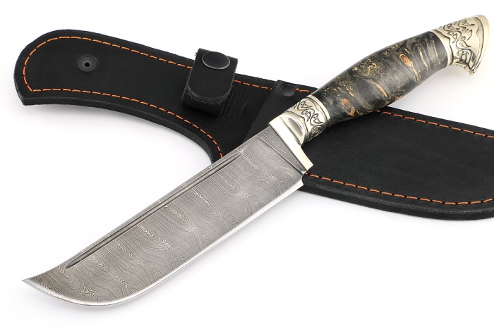 Нож Узбек-2 дамаск, мельхиор стабилизированный кап клена черный