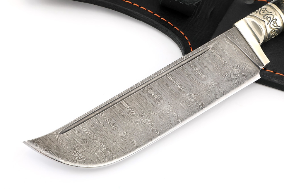 Нож Узбек-2 дамаск, мельхиор стабилизированный кап клена черный