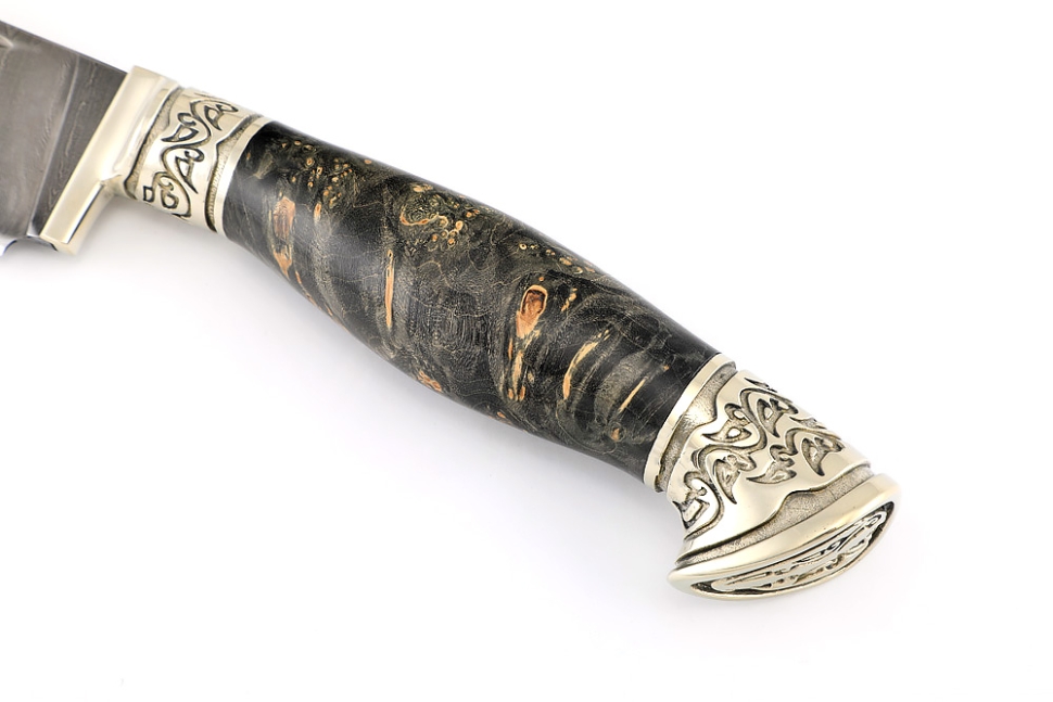 Нож Узбек-2 дамаск, мельхиор стабилизированный кап клена черный