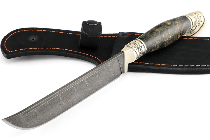 Нож Узбек-2 дамаск, мельхиор стабилизированный кап клена черный