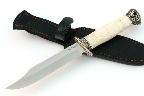Нож Гладиатор (порошковая сталь ELMAX, рог лося - мельхиор), резьба ручной работы