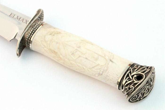 Нож Гладиатор (порошковая сталь ELMAX, рог лося - мельхиор), резьба ручной работы
