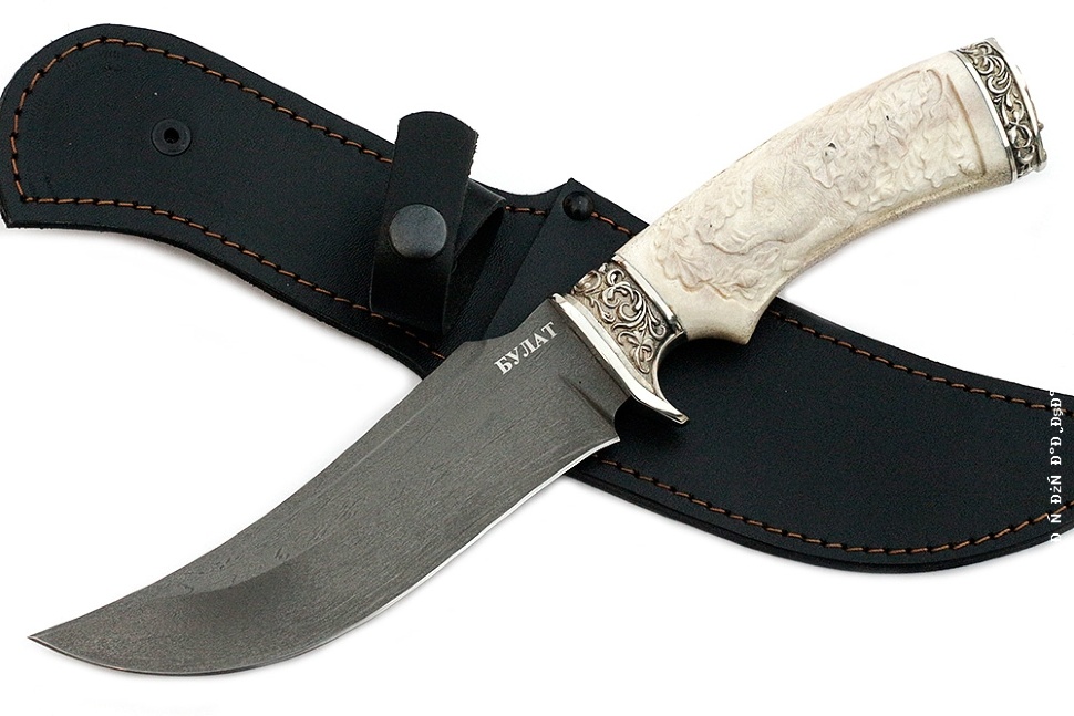 Нож Легион (булат, рог лося - мельхиор), резьба ручной работы (кабан)