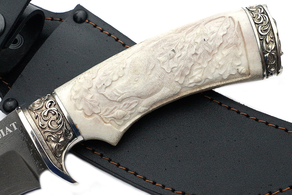 Нож Легион (булат, рог лося - мельхиор), резьба ручной работы (кабан)