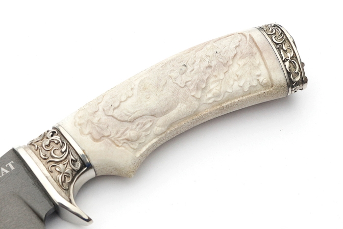 Нож Легион (булат, рог лося - мельхиор), резьба ручной работы (кабан)