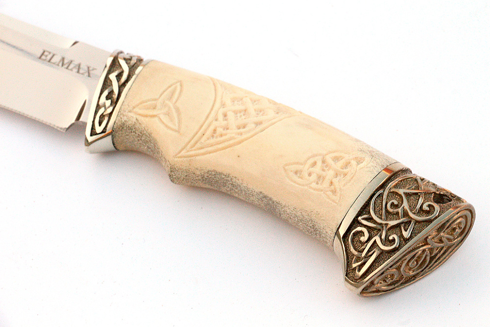 Нож Скат (порошковая сталь Elmax, рог лося - мельхиор), резьба ручной работы