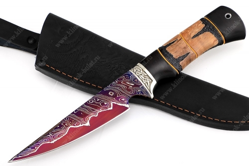 Нож Комар (ламинат воронёный - У12 и дамаск с никелем, рукоять чёрный граб, фибра, карельская берёза, резьба)