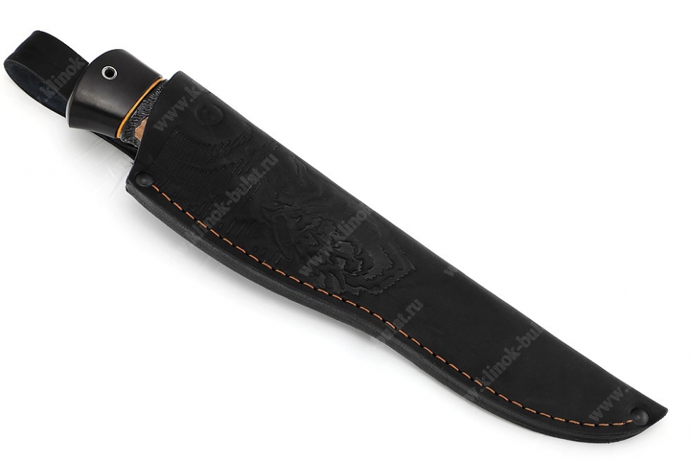 Нож Комар (ламинат воронёный - 9ХС и дамаск с никелем, рукоять чёрный граб, фибра, карельская берёза, резьба)