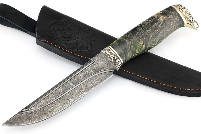 Нож Стрела (дамаск камень долы, мельхиор, кап клена черный)