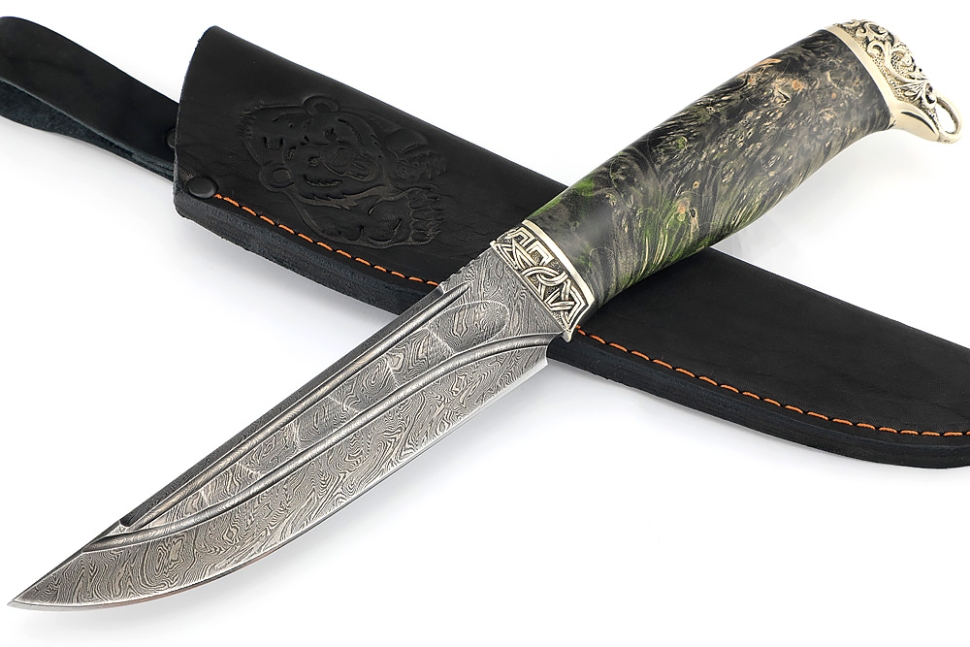 Нож Стрела (дамаск камень долы, мельхиор, кап клена черный)
