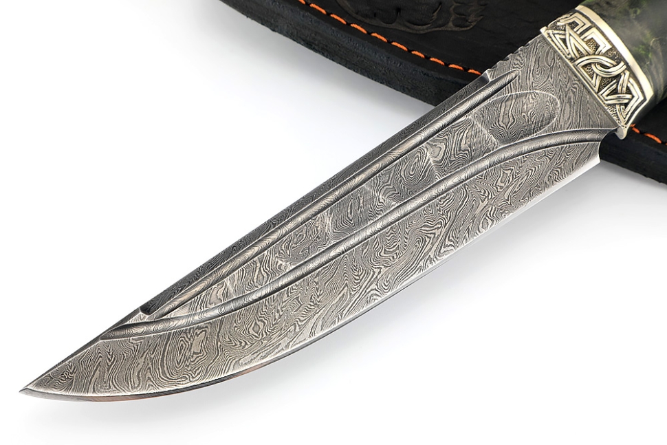 Нож Стрела (дамаск камень долы, мельхиор, кап клена черный)