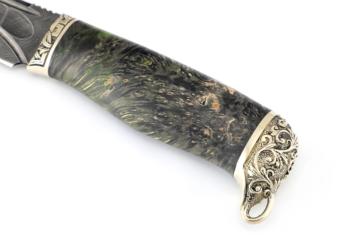 Нож Стрела (дамаск камень долы, мельхиор, кап клена черный)