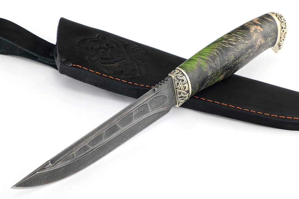 Нож Стрела (дамаск камень долы, мельхиор, кап клена черный)