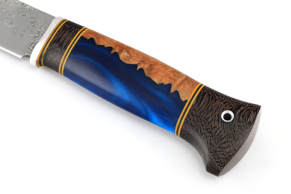 Нож Рысь (нержавеющий дамаск, венге, гибрид карельской берёзы и акрила) формованные ножны