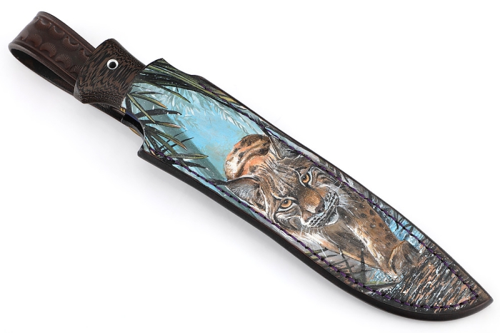 Нож Рысь (нержавеющий дамаск, венге, гибрид карельской берёзы и акрила) формованные ножны