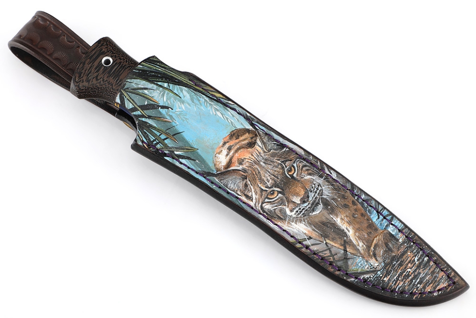 Нож Рысь (нержавеющий дамаск, венге, гибрид карельской берёзы и акрила) формованные ножны