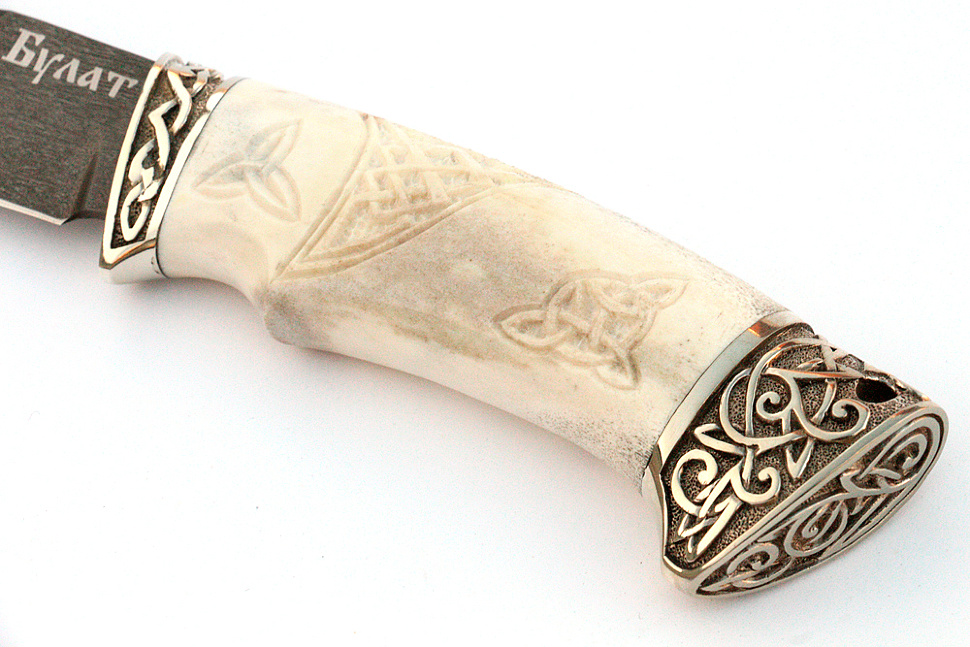 Нож Скат (булат, рог лося - мельхиор), резьба ручной работы