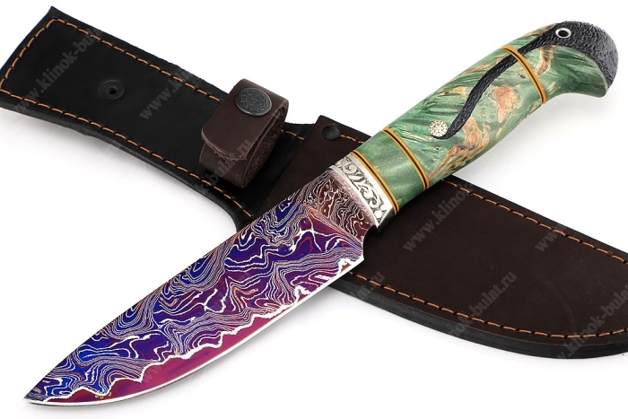 Нож Глухарь (ламинат воронёный - 9ХС и дамаск с никелем, рукоять стабилизированный кап клёна, фибра, мозаичный пин)