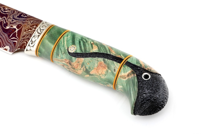 Нож Глухарь (ламинат воронёный - 9ХС и дамаск с никелем, рукоять стабилизированный кап клёна, фибра, мозаичный пин)