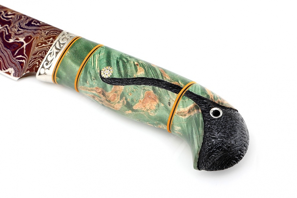 Нож Глухарь (ламинат воронёный - 9ХС и дамаск с никелем, рукоять стабилизированный кап клёна, фибра, мозаичный пин)